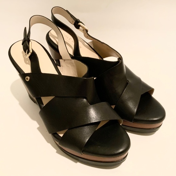 Cole Haan Womens Laci Black Platform Wedge Sandals Leather Slingback Heels 9.5 - Picture 11 of 13